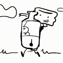 a black and white drawing of a bottle with a face on it is walking .