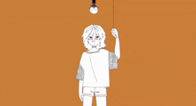 a black and white drawing of a person holding a light bulb hanging from a ceiling .