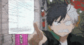 a cartoon character is pointing at something with the word bitch written on the wall behind him
