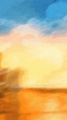 a painting of a sunset with a blue sky
