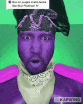 a purple man with a bandana and hat says bro on purple man 's looks like star platinum on a green background