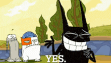a cartoon character wearing a batman mask is smiling and says yes .