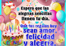 a birthday card with a cake and balloons and the words " espero que las alegrias sencillas llenen tu dia "