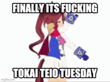 a cartoon girl is holding a can of soda and saying `` finally it 's fucking tokai teio tuesday ''