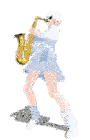 a girl in a white dress is playing a saxophone on a white background