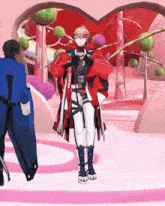 a man in a red coat with a sword is standing in front of a heart