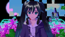 a girl wearing headphones is standing in front of a castle