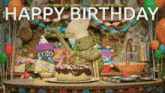 a cartoon character is cutting a birthday cake with the words happy birthday written on the bottom