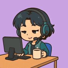 a cartoon drawing of a girl wearing headphones and waving at a computer