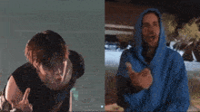 a man in a black shirt and a man in a blue hoodie are shown side by side