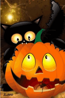 Black Cat Halloween Bite GIF - Black Cat Halloween Bite Pumpkin GIFs