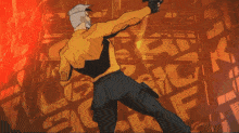 a man with a beard is holding a gun in his right hand