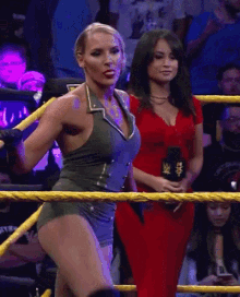 two women are in a wrestling ring and one has a microphone that says wwe