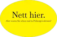 a yellow circle with the words nett hier in white letters