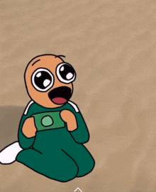 a cartoon character is kneeling down and holding a green object with an o on it