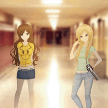two anime girls are standing in a hallway and one is holding a camera