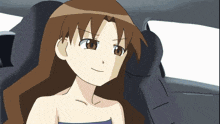 a cartoon girl with brown hair is sitting in a car seat