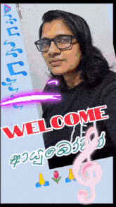 a woman wearing glasses and a black shirt with the words welcome written on it