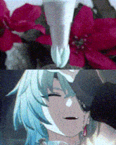a close up of a flower and a close up of a anime character