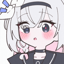a drawing of a girl with white hair and blue eyes has a choker around her neck