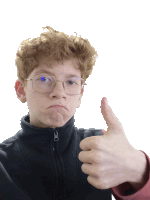 a boy wearing glasses giving a thumbs up sign