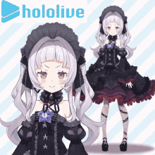 a girl in a black dress is standing in front of a hololive logo