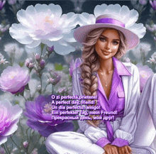 a woman in a white hat is surrounded by purple flowers with a greeting in another language