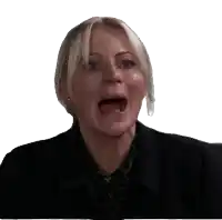a woman with blonde hair is making a funny face with her mouth wide open