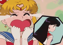 a cartoon of a girl crying next to a picture of a girl .