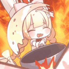 a cartoon girl is cooking in a frying pan with fire in the background .