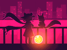a pixel art illustration of a girl and a fox