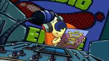 a cartoon of a dog wearing headphones and reading a book