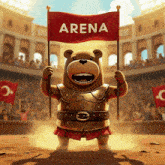 a bear in armor holds a red flag that says arena