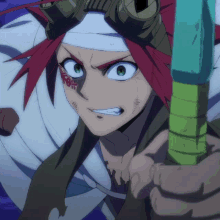 a person with a bandage on their head holds a green object