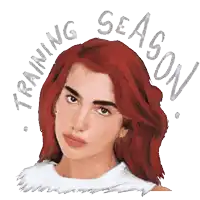 a drawing of a woman with red hair and the words training season surrounding her