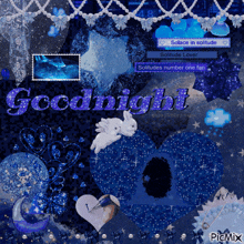 a collage of blue images with the words goodnight written in purple