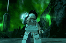 a lego figure with a green background is holding a glowing object