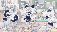 a group of cartoon characters are sitting around a table with a can of cola on it