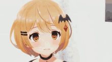 a cartoon girl with a bat on her head is wearing black gloves