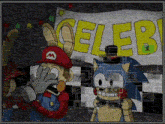 a cartoon of mario and sonic standing in front of a sign that says celeb