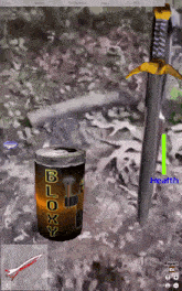 a can of bloxx energy drink is next to a sword