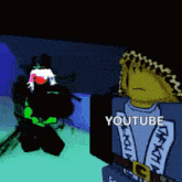 a cartoon character is standing next to another cartoon character and the words youtube are on the bottom of the screen .