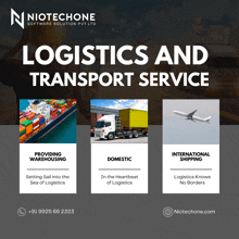 an advertisement for logistics and transport service by niotechone software solution pvt.ltd