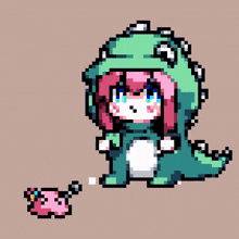 a pixel art drawing of a girl dressed as a dinosaur
