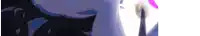 a close up of a person 's face with a purple background and a sword in the background .