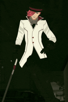 a drawing of a man in a white coat and red hat