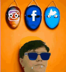 a man wearing sunglasses is surrounded by social media icons including instagram facebook and twitter
