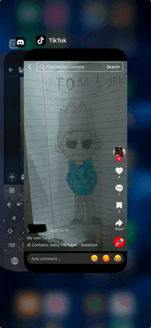 a drawing of tom from eddsworld is on a phone screen