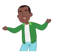a cartoon man with his arms outstretched and a green jacket