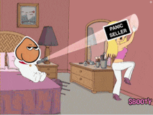 a cartoon of a woman holding a panic seller sign in front of her face